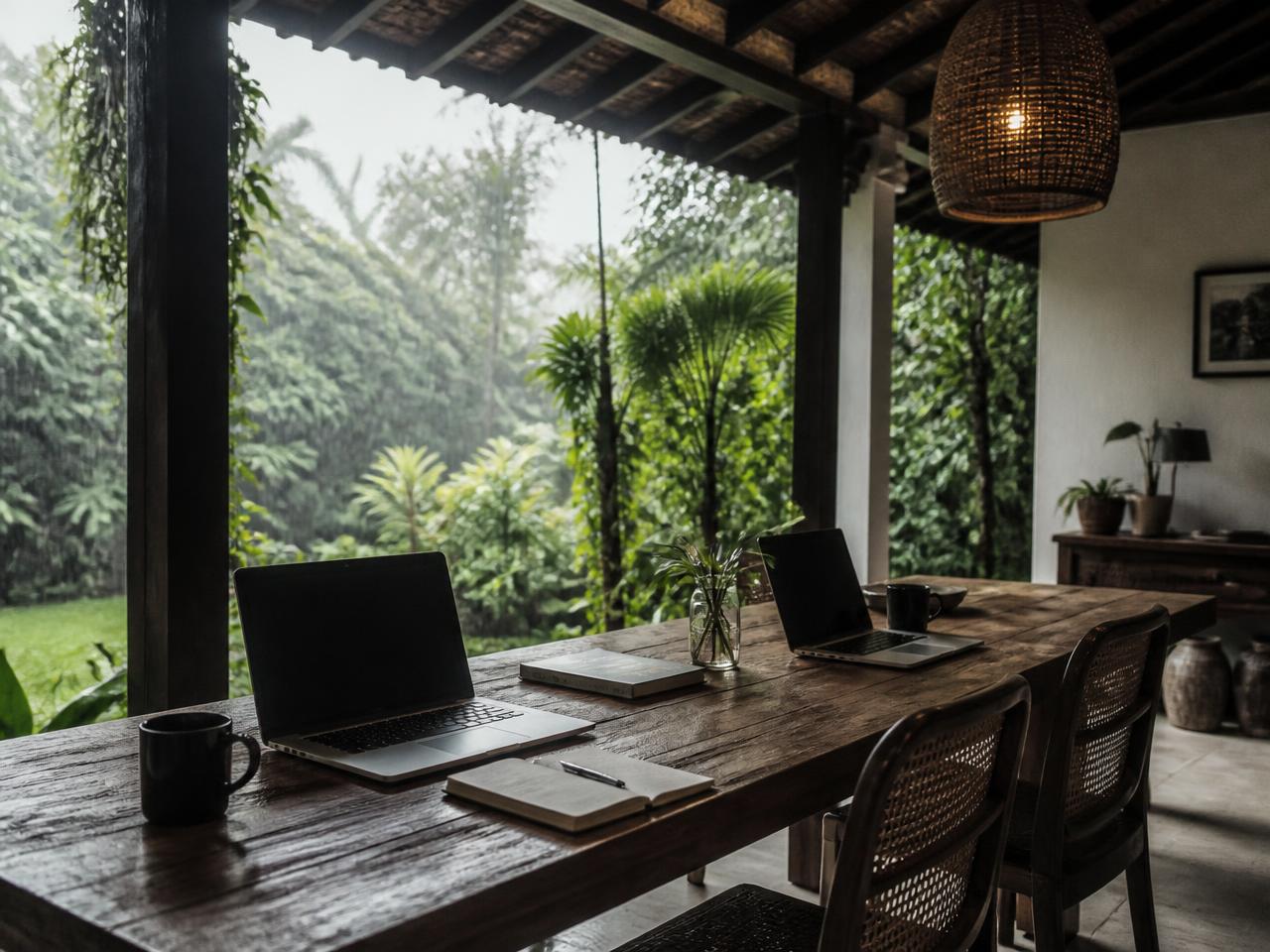 A long teak table on the villa verandah set up with laptops and notebooks, rain falling on the garden beyond